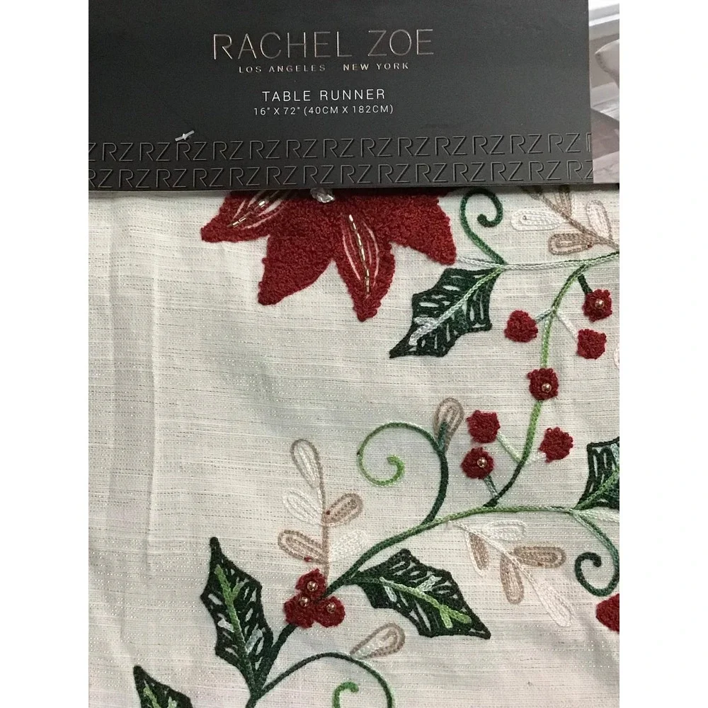 Rachel Zoe Christmas Table Runner Poinsettia Beaded Embroidered 16x72 Holiday